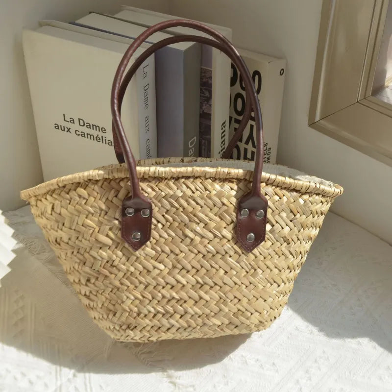 Vintage Einkaufstasche ⎜ Handgeflochtene Korbtasche mit Ledergriffen für Markt und Strand