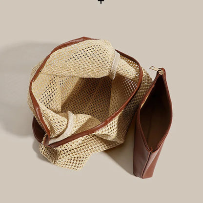 Strohtasche mit Kunstlederriemen ⎜ Geräumige Tragetasche im Retro-Look für Strand und Freizeit