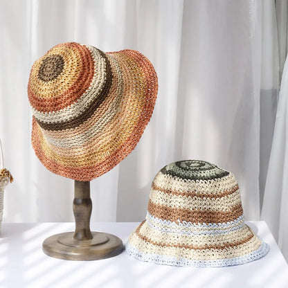 Häkel-Sonnenhut für Damen ⎜ Handgemachter Sommerhut mit Streifen für faltbaren UV-Schutz