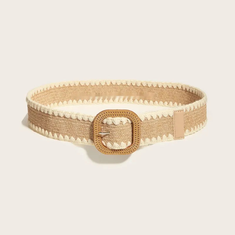 Breiter Strohgürtel mit Holzschließe ⎜ Elastisches Accessoire für Kleider, Urlaub und Strand