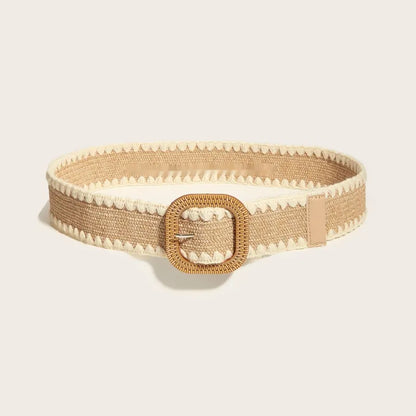 Breiter Strohgürtel mit Holzschließe ⎜ Elastisches Accessoire für Kleider, Urlaub und Strand