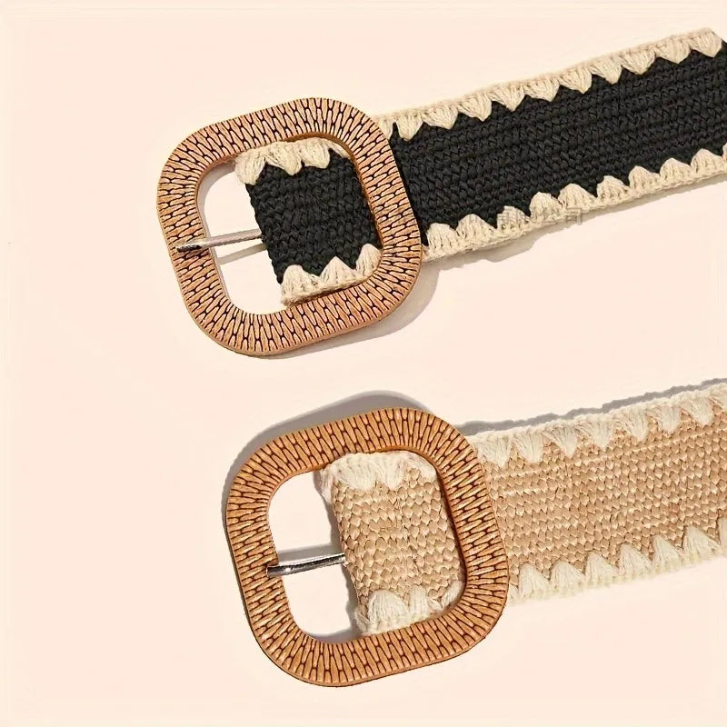 Breiter Strohgürtel mit Holzschließe ⎜ Elastisches Accessoire für Kleider, Urlaub und Strand