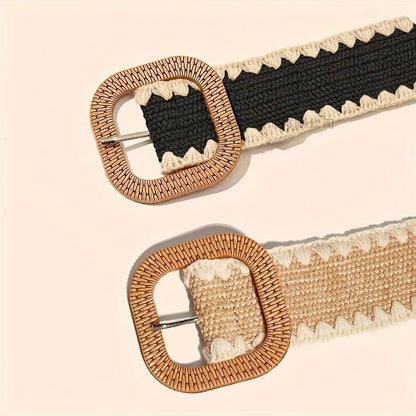 Breiter Strohgürtel mit Holzschließe ⎜ Elastisches Accessoire für Kleider, Urlaub und Strand