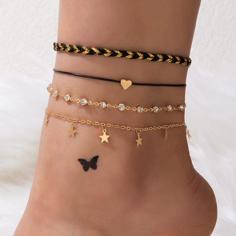 Mehrteiliges Fußkettchen-Set für Damen ⎜ Mit Sternen und glitzernden Elementen für modische Sommerstyles