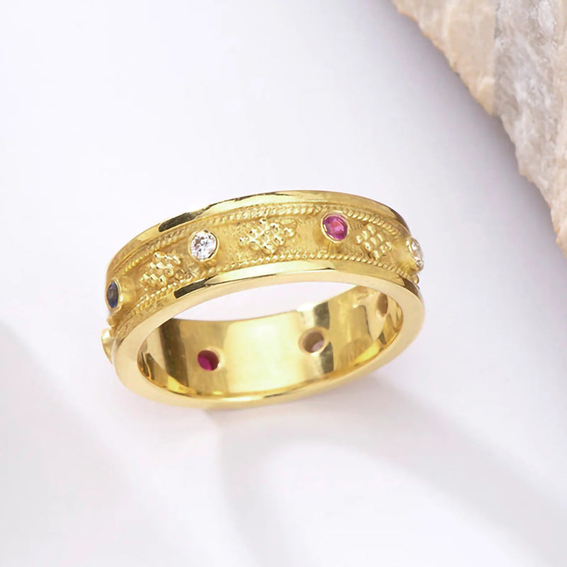 Zirkonia Ring für Damen ⎜ Vergoldeter Bandring mit bunten Steinen und geometrischem Muster im edlen Stil