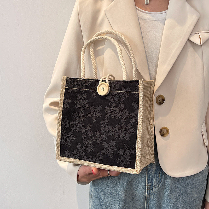 Damen Tragetasche mit Blumenmuster ⎜ Leichte Stofftasche mit Kordelgriffen und Knopfverschluss für den Alltag