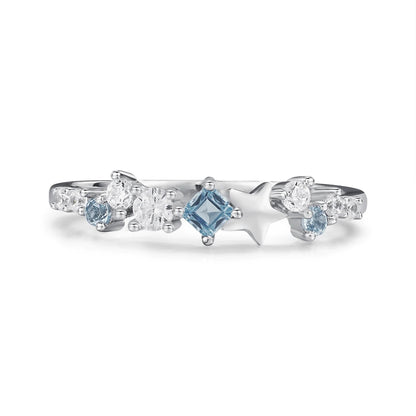 Moderner Ring aus Sterling Silber ⎜ Filigraner Ring mit weißen und blauen Zirkonia sowie Sternmotiv für elegante Akzente