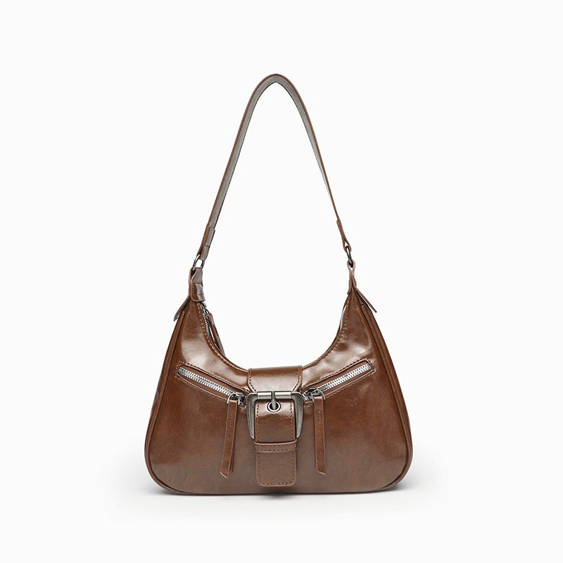 Retro Schultertasche für Damen ⎜ Robuste Umhängetasche in Biker-Optik mit dekorativer Schnalle