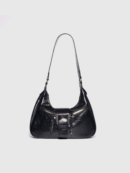 Retro Schultertasche für Damen ⎜ Robuste Umhängetasche in Biker-Optik mit dekorativer Schnalle