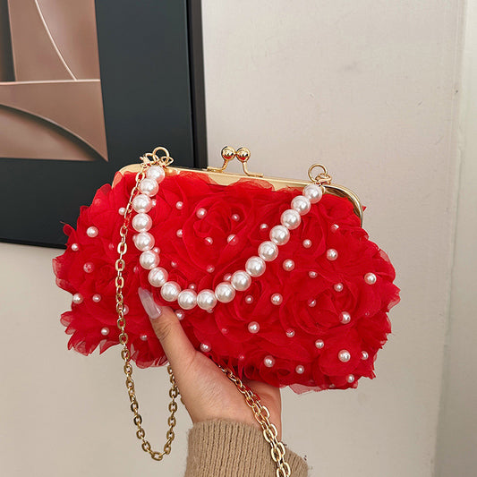 Abendtasche mit Blumen und Perlen ⎜ Verspielte Clutch mit Kette und Clipverschluss für feierliche Outfits