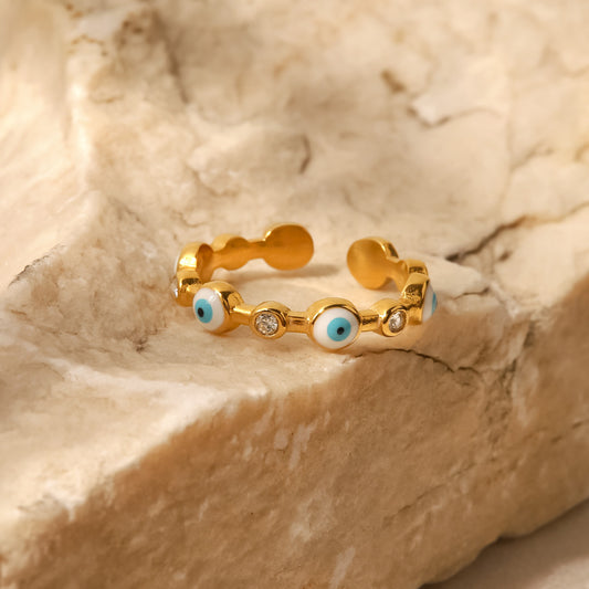 Damenring mit Auge des Schutzes ⎜ Vergoldeter Edelstahlring mit offenem Design für stilvolle und symbolische Looks (18 Karat)
