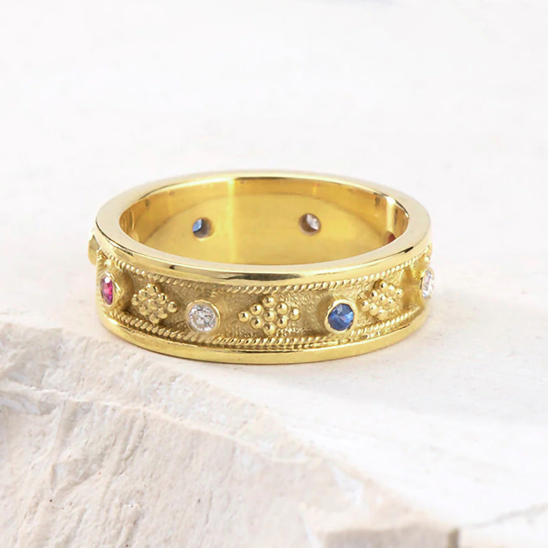 Zirkonia Ring für Damen ⎜ Vergoldeter Bandring mit bunten Steinen und geometrischem Muster im edlen Stil