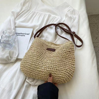 Strandtasche aus Stroh für Damen ⎜ Leichte Sommertasche mit Schulterriemen für Urlaub und Freizeit