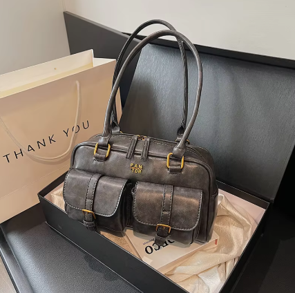 Vintage Schultertasche für Damen ⎜ Große Ledertasche mit Fronttaschen und praktischem Reißverschluss