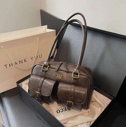 Vintage Schultertasche für Damen ⎜ Große Ledertasche mit Fronttaschen und praktischem Reißverschluss