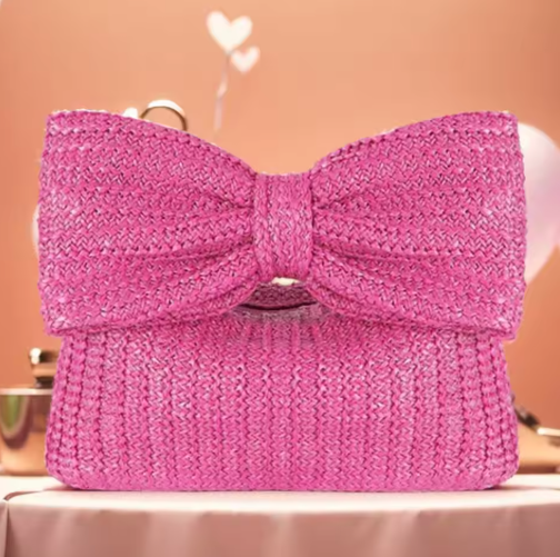 Strohtasche mit Schleife für Damen ⎜ Sommerliche Clutch in Flechtoptik für Events und Freizeit