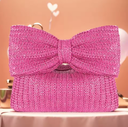 Strohtasche mit Schleife für Damen ⎜ Sommerliche Clutch in Flechtoptik für Events und Freizeit