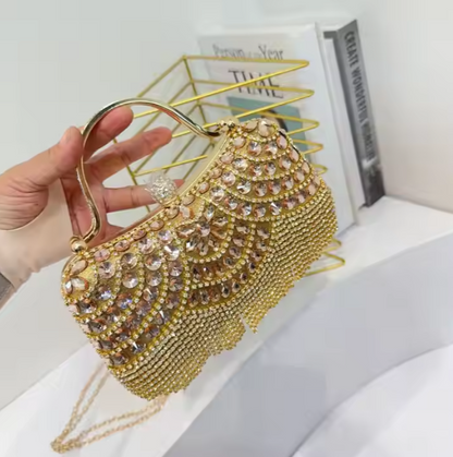 Glitzernde Clutch mit Strasshenkel ⎜ Elegante Abendtasche mit Fransenbesatz für besondere Anlässe