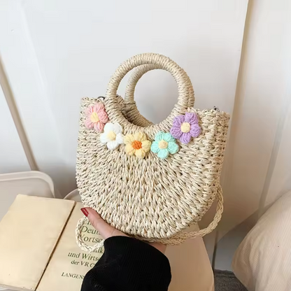 Geflochtene Strohtasche für Damen ⎜ Süße Handtasche mit Blumen-Deko für Sommer, Urlaub und Marktbesuch