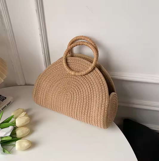 Geflochtene Tragetasche für Damen ⎜ Halbmond-Tasche mit Rundgriffen für Urlaub, Strand und Alltag