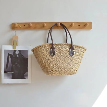 Vintage Einkaufstasche ⎜ Handgeflochtene Korbtasche mit Ledergriffen für Markt und Strand
