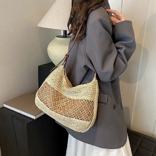Große Strohtasche für Damen ⎜ Lässige Schultertasche mit weichem Griff für Sommer, Strand und Stadt