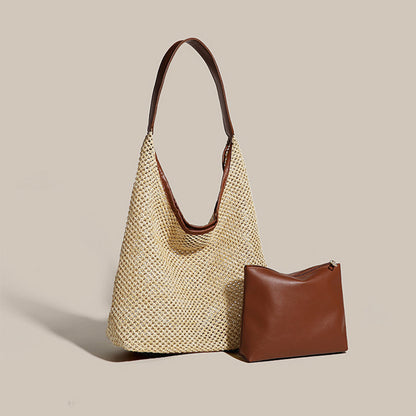 Strohtasche mit Kunstlederriemen ⎜ Geräumige Tragetasche im Retro-Look für Strand und Freizeit