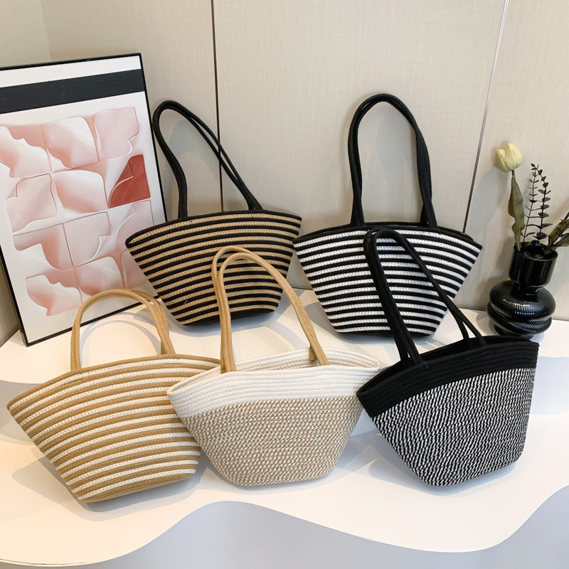 Strohtasche mit Kontraststreifen ⎜ Geräumige Tragetasche für Frühling, Markt und Stadtbummel