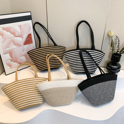 Strohtasche mit Kontraststreifen ⎜ Geräumige Tragetasche für Frühling, Markt und Stadtbummel