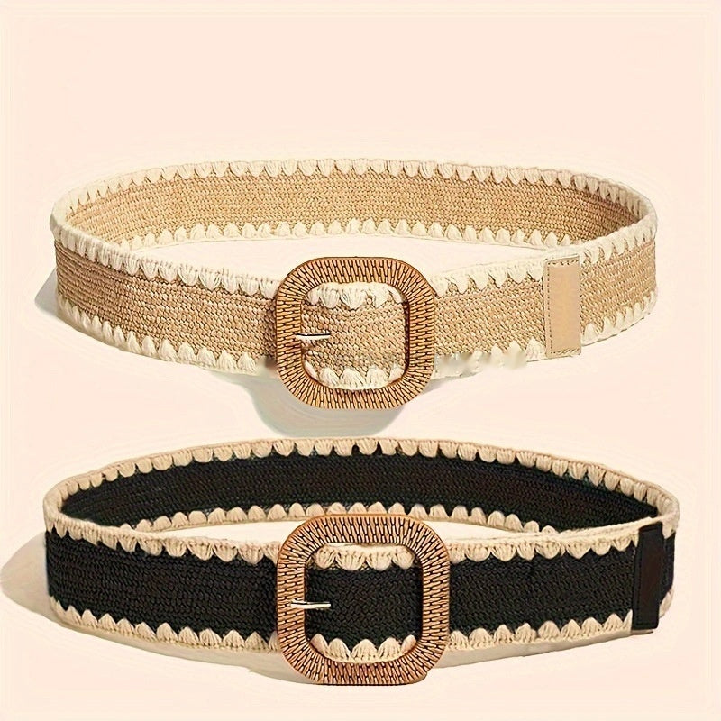 Breiter Strohgürtel mit Holzschließe ⎜ Elastisches Accessoire für Kleider, Urlaub und Strand