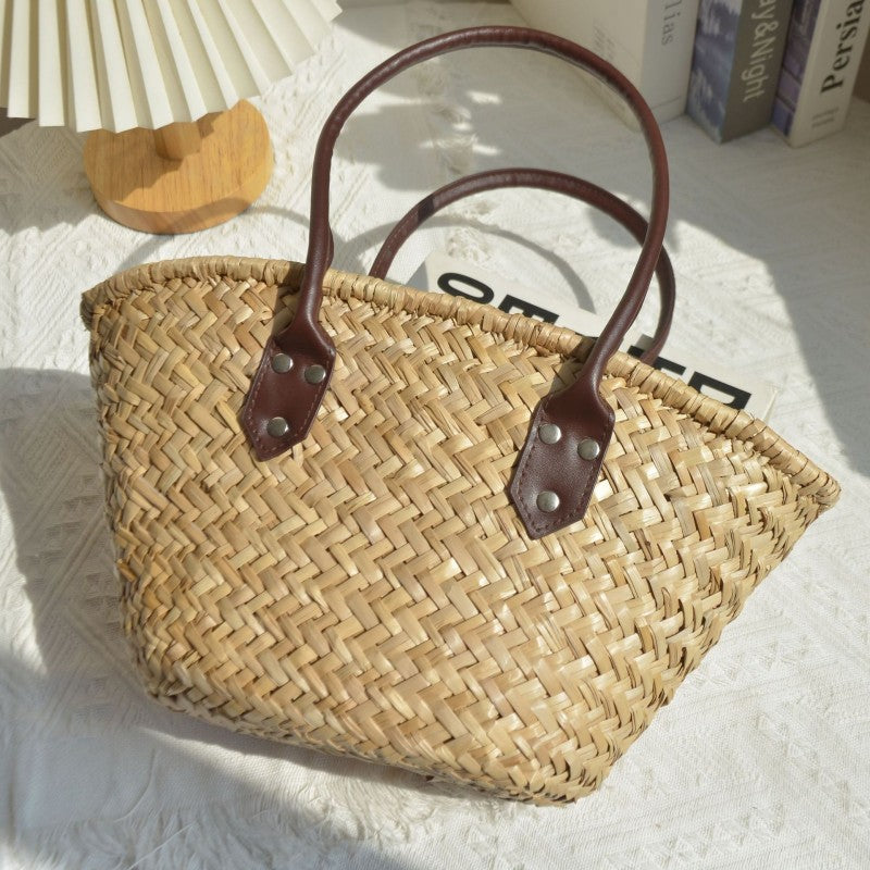 Vintage Einkaufstasche ⎜ Handgeflochtene Korbtasche mit Ledergriffen für Markt und Strand