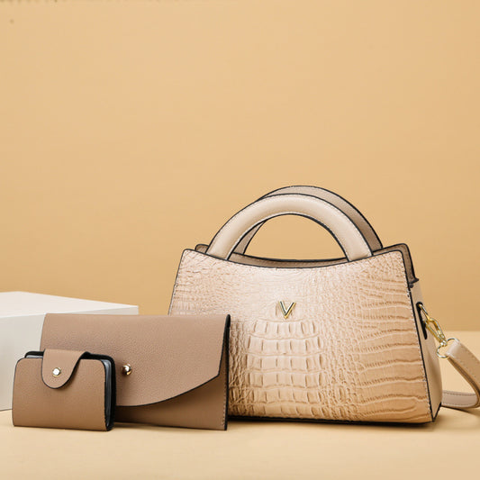 Damen Schultertasche in Lederoptik ⎜ Elegante Handtasche mit Krokoprägung und passendem Portemonnaie