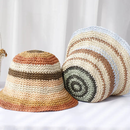 Häkel-Sonnenhut für Damen ⎜ Handgemachter Sommerhut mit Streifen für faltbaren UV-Schutz